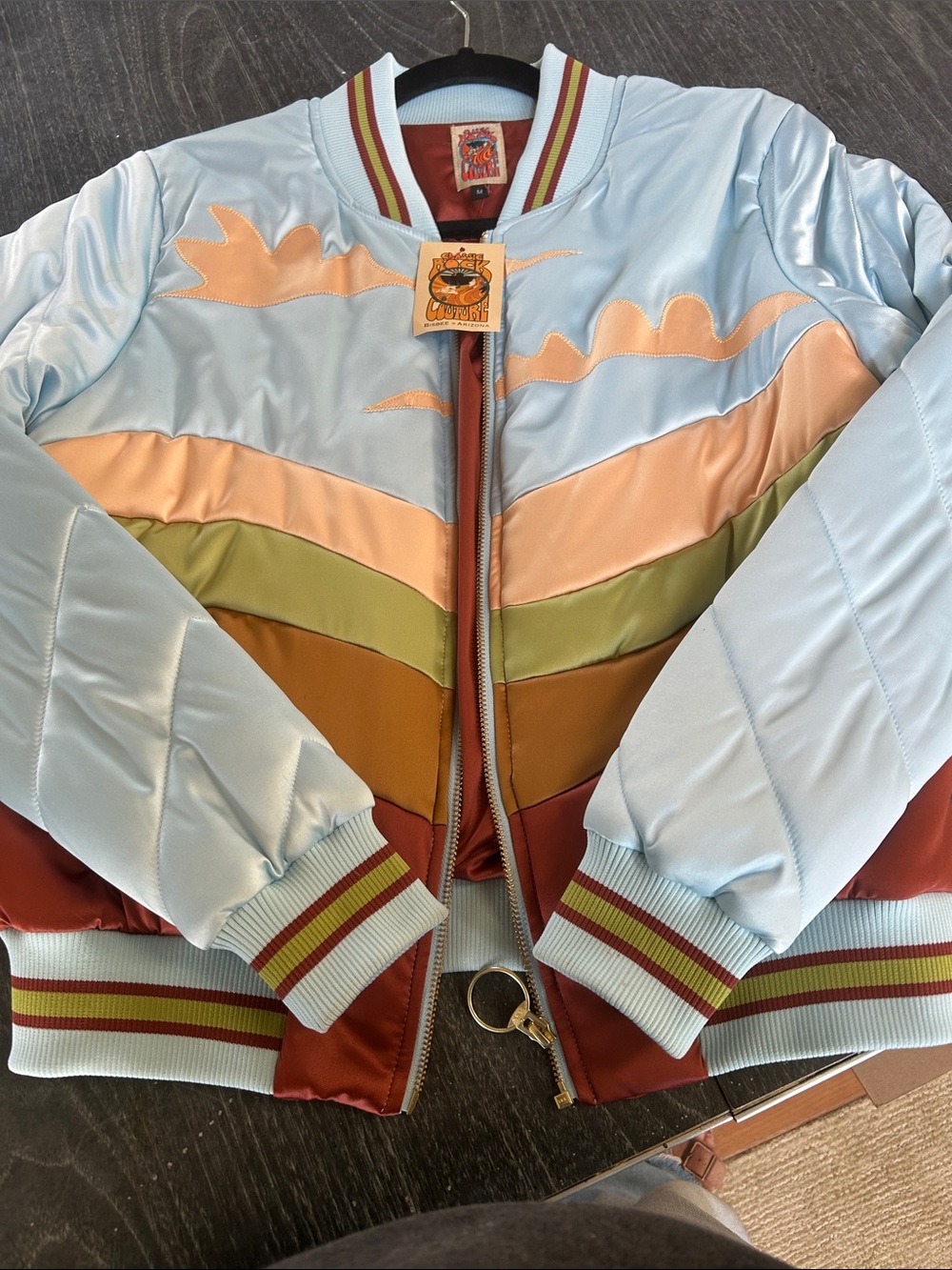 Retro Colorblock Satin Bomber Jacket - Light Blue / Multi